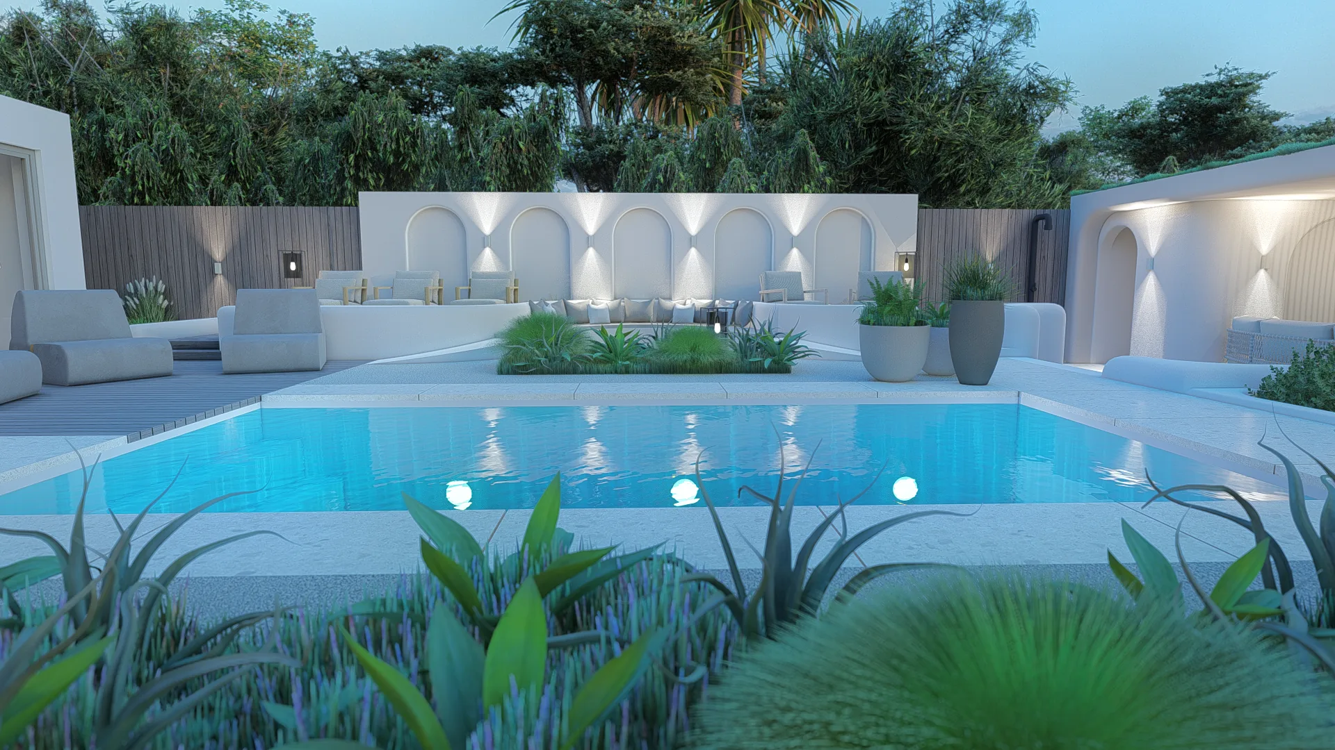 Exclusieve villatuin met loungeterras en sfeerverlichting in Bussum