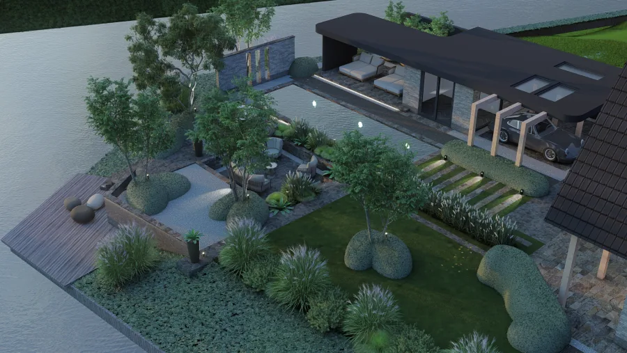 Tuin aan het water met loungeterras aan de waterkant en sfeerverlichting